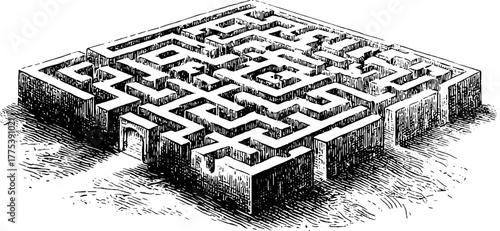 Vintage maze pattern with interlocking paths - retro engraving design for puzzles and decor