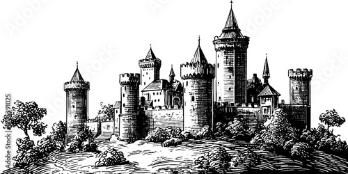 Medieval castle with towers and battlements in vintage engraving style for historical design