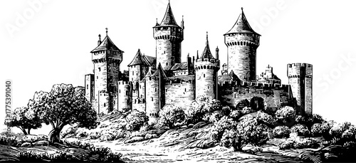 Majestic medieval castle with towers and battlements vintage engraving design for posters or cards
