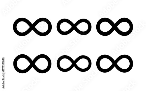 Minimalist infinity symbols in a grid: endless loop black icons