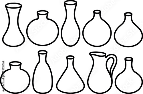 Collection of Decorative Vases and Pitcher Minimalist Black and White Outline