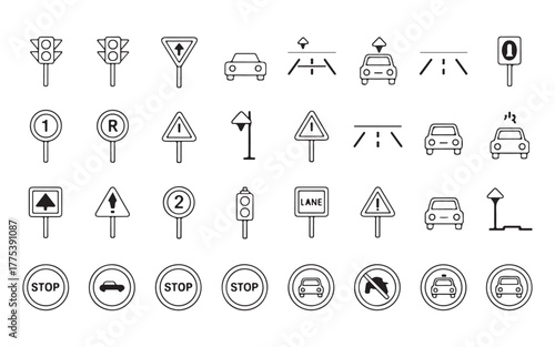  Collection of hand drawn traffic signs and road symbols for driving and transportation