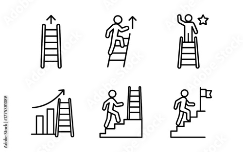 Linear icons of success and achievement with ladders and figures
