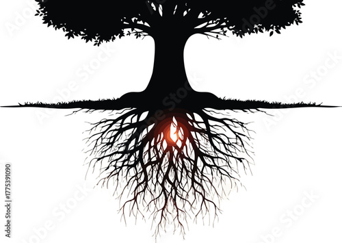 Symbolic tree with strong roots, representing growth and connection, illuminated by a subtle inner light.