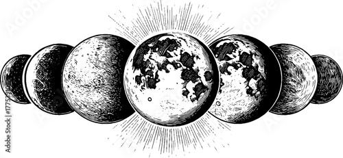 Moon phases progression in vintage engraving style for astronomy design