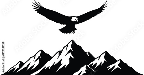 Majestic eagle soaring over rugged mountain peaks in a powerful silhouette