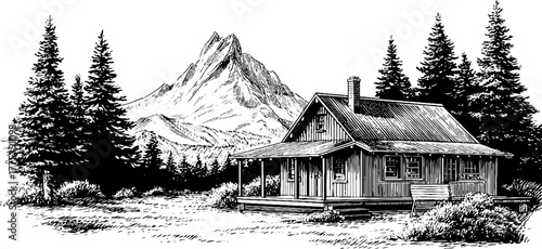 Tranquil mountain cabin with smoking chimney in vintage engraving style