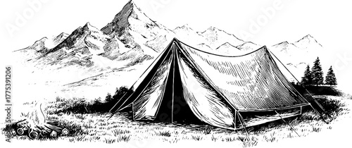 Vintage camping scene with tent and campfire by mountains for retro design