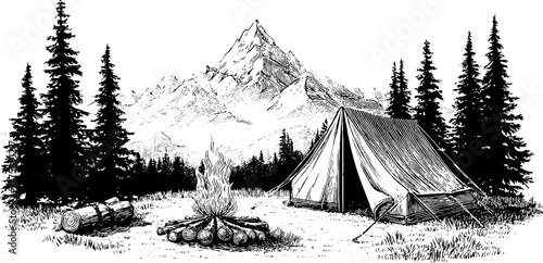 Camping adventure with tent and campfire in mountain landscape