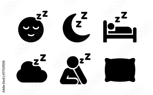 Sleep icons set: minimalist black silhouettes of sleep symbols