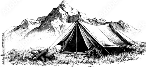 Vintage mountain camping scene with pitched tent and campfire - perfect for outdoor adventure designs