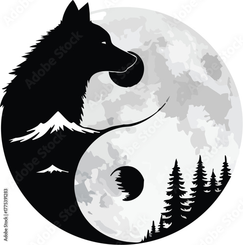 Symbol of balance: wolf silhouette within a yin yang moon and forest landscape