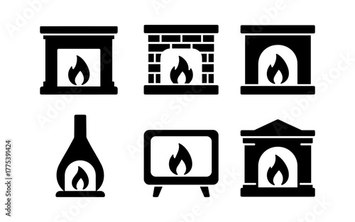 Collection of fireplace icons in black silhouette style with various designs