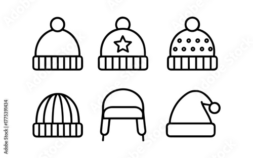 Minimalist winter hats collection: simple black line art design of cozy warm beanies
