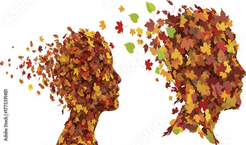 Autumn leaves forming profiles of two heads, symbolizing memory, change, and passing time.