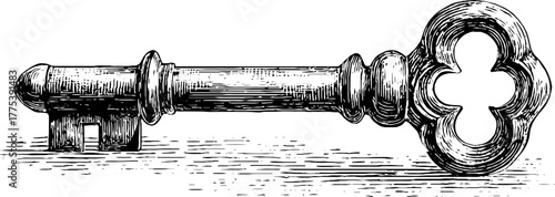 Ornate vintage key engraving with filigree details for retro design and decoration