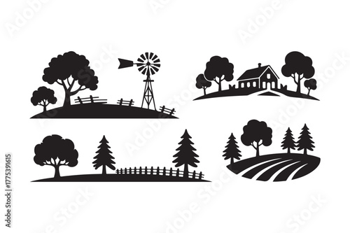 Rustic farm and countryside silhouettes set