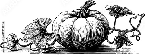 Vintage pumpkin with vine tendrils in engraving style for autumn decor