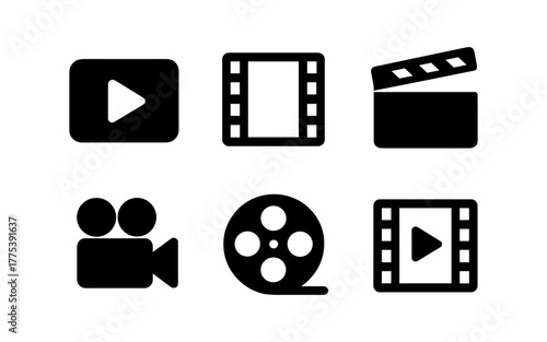 Classic cinema icons set: clapperboard, film reel, and play button silhouettes