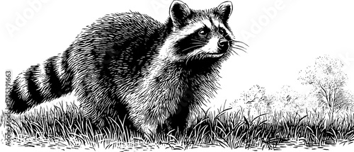 Vintage raccoon sketch with striped tail standing in natural habitat