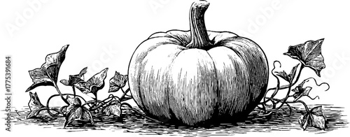 Vintage pumpkin with vine tendrils in hand-drawn engraving for autumn decor