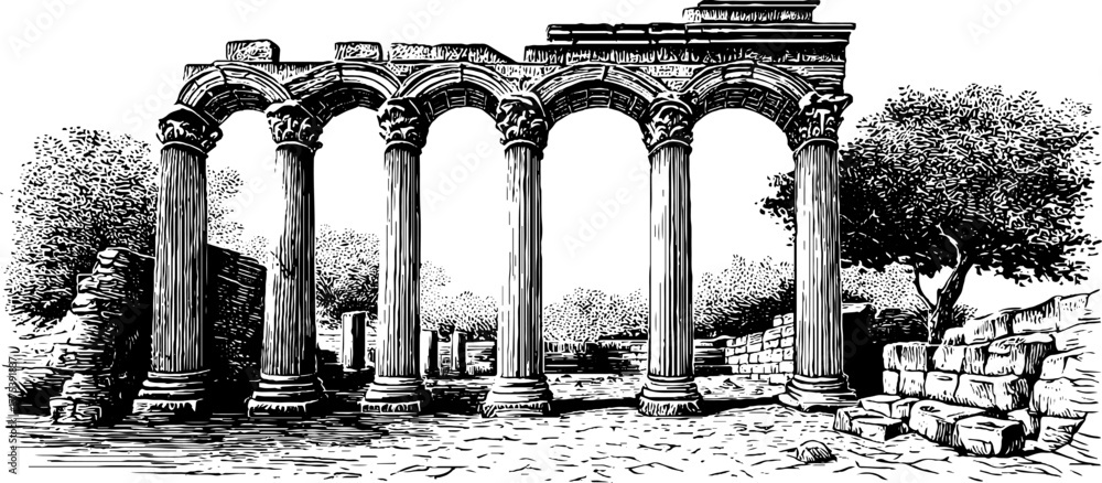 Fototapeta premium Ancient roman ruins with arches and broken pillars vintage engraving for historical design and decor
