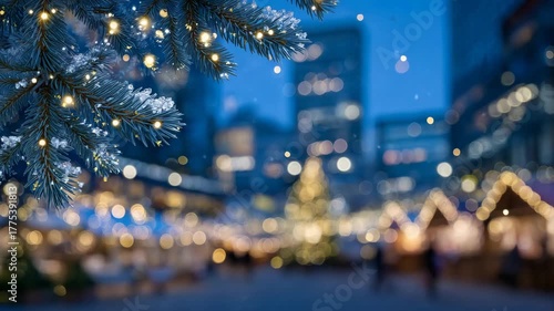 Frosted pine needles shimmering with warm yellow lights, blurred Christmas market stalls in distance, festive urban glow with copy space
