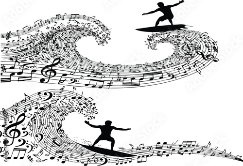 Surfers ride dynamic waves of musical notes, illustrating the harmony of sound and sport.