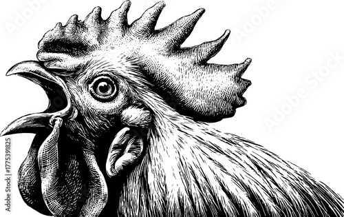 Vintage rooster crowing with open beak in engraving style for retro design