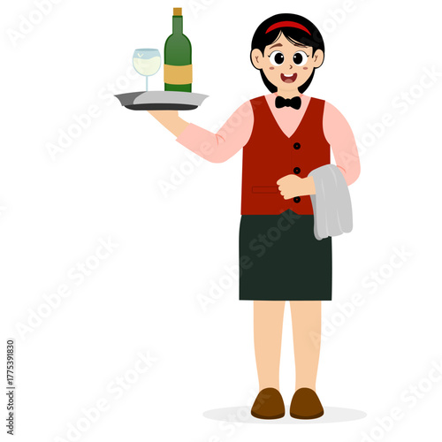 Friendly waiter holding a towel wrapped around his arm, Restaurant Waiter female Character. restaurant waiter carrying a tray of drinks, wine, taking orders, Cartoon Person Vector Illustration