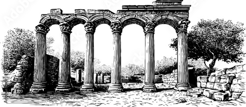 Ancient roman ruins with arches and broken pillars vintage engraving for historical design and decor