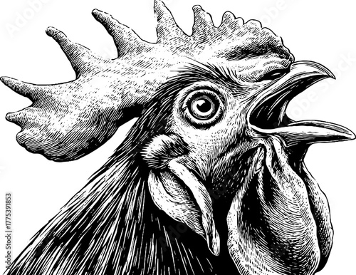 Vintage rooster crowing silhouette in classic engraving style for retro designs
