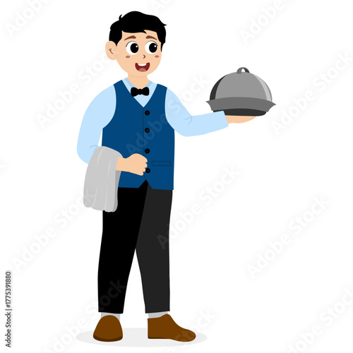 Friendly waiter holding a towel wrapped around his arm, Male Restaurant Waiter Character. Restaurant waiter carrying serving trays, taking orders, and serving food and drinks. Cartoon Person Vector 