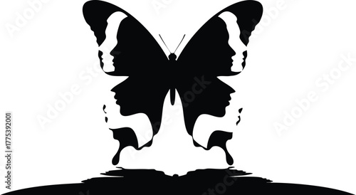 Abstract butterfly silhouette with optical illusion faces, symbolizing transformation and duality.
