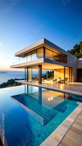 Wallpaper Mural Luxury modern villa perched on a cliffside overlooking the sea, with an infinity pool reflecting the sleek contemporary architecture at sunset. Torontodigital.ca