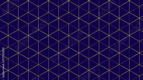 Seamless geometric gold cube pattern on dark blue. Abstract isometric honeycomb grid background design.
