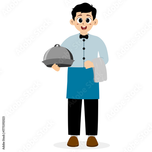 Friendly waiter holding a towel wrapped around his arm, Male Restaurant Waiter Character. Restaurant waiter carrying serving trays, taking orders, and serving food and drinks. Cartoon Person Vector 
