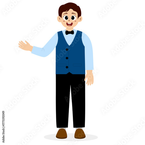 Friendly waiter holding a towel wrapped around his arm, Restaurant Waiter Male Character. waiter opening a bottle of drink, wine, serving customers, Cartoon Person Vector Illustration