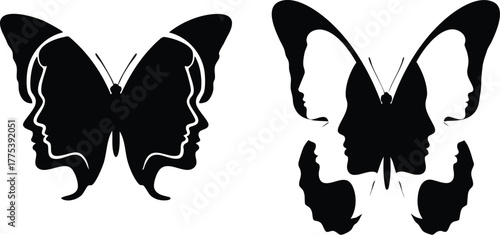 Symbolic butterfly formed by profiles of women, representing transformation and duality.