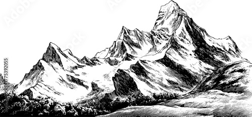 Snowy mountain peaks with ridges and shadows in vintage engraving style