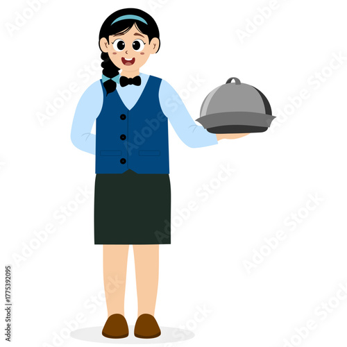 Friendly waiter holding a towel wrapped around his arm, Female Restaurant Waiter Character. Restaurant waiter carrying serving trays, taking orders, and serving food and drinks. Cartoon Person Vector 