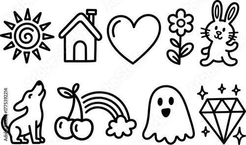 Collection of Kawaii Style Cartoon Icons in Black and White Style