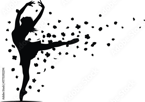 Graceful dancer silhouette dissolving into a flurry of petals, embodying movement and transformation.