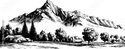 Rustic mountain landscape with trees and houses engraving style for retro design