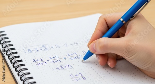 Hand Writes Math Equations in Blue Ink on Dotted Notebook Paper