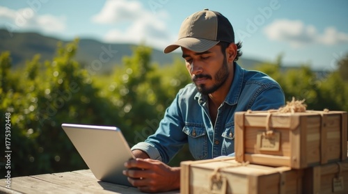 Caficultor latinoamericano usa una tableta para rastrear las entregas; cajas de madera con granos cerca; auténtico negocio local y tecnología