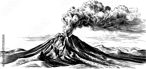 Engraving of volcano with smoke rising in vintage style for poster or card design