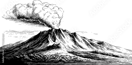 Vintage engraving of volcano with rising smoke in black and white for retro design