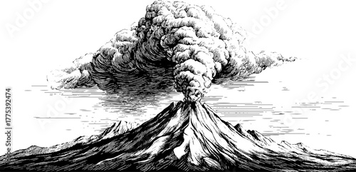 Vintage volcano eruption scene with smoke rising in engraving style for retro design
