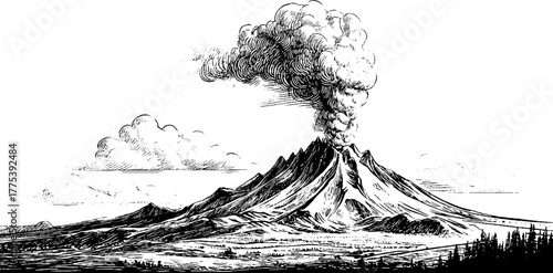 Vintage engraving of volcano with smoke rising in black and white silhouette for retro design